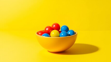 Bright gumballs in a yellow ceramic bowl