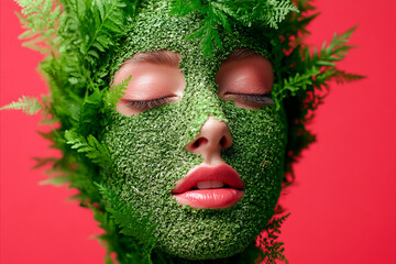 Artistic portrait of a woman with moss and fern elements covering her face, blending natural textures and beauty against a vibrant pink background, symbolizing harmony and creativity.