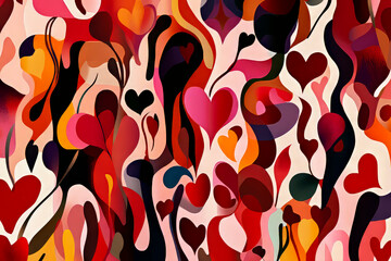 An abstract design featuring intertwining hearts and flowing shapes in deep red, orange and pink tones that evoke feelings of love, warmth and passion.
