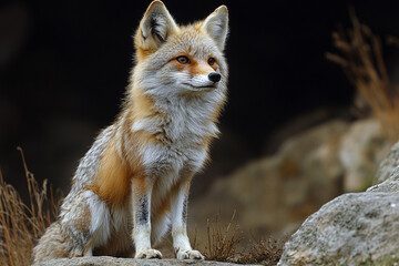 Obraz premium A Red Fox Sits Calmly on Rocky Terrain