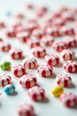 Colorful peppermint candies scattered on a white surface, sweet, holiday