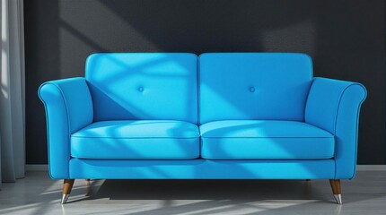 Fototapeta premium Modern Blue Sofa in Sunlit Minimalist Living Room Against Dark Wall