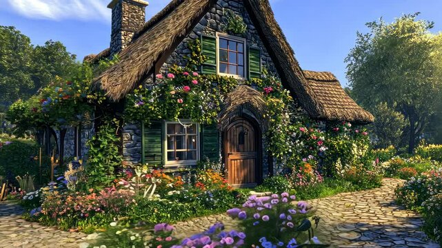 Charming cottage garden with vibrant blossoms under bright skies in serene countryside