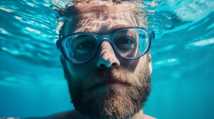 Fototapeta premium Underwater man, ocean, face, goggles, swimming, sunbeams, blue water, summer, travel photo, stock image