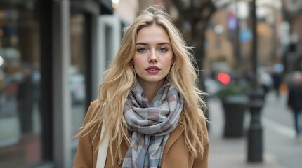Obraz premium A fashionable young woman wearing a chic coat and scarf, walking along a busy city street during a cool season