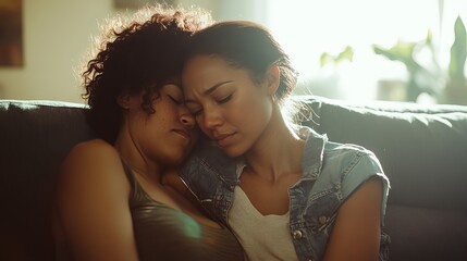 Heartbreak and solace: A poignant embrace between a biracial lesbian couple, finding comfort and love amidst sadness. Their bond is a testament to