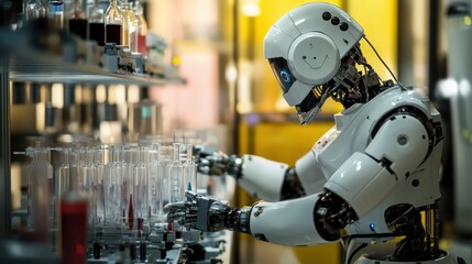 Fototapeta premium A white robot with glowing blue accents manipulates glass bottles on a shelf