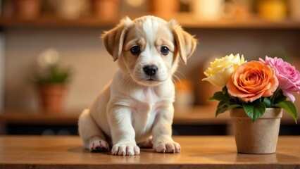 cute puppy sitting on counter surrounded by vibrant flowers in bright flower shop, looking into the camera, cozy and romantic, Valentines Day, pet care, flower shop.