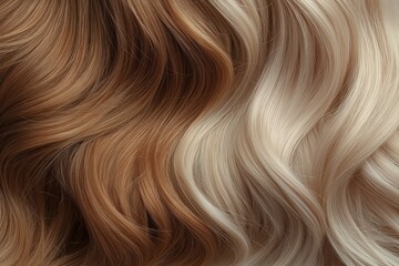 Fototapeta premium Closeup view of long blond hair with beautiful wavy curls. Shiny highlights create lovely color transition from light brown to blonde. Hair care, coloring procedures clearly visible. Photo ideal for