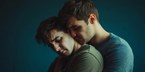 Fototapeta premium Heartbreak and Uncertainty: A Gay Couple's Emotional Struggle. A poignant depiction of relationship difficulties and sadness within an LGBTQ+ 