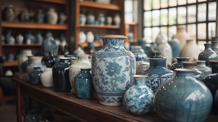 Collection of blue ceramic vases on rustic shelves