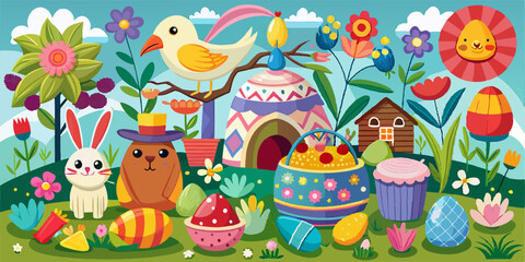 Whimsical Easter illustration featuring a bunny, chick, colorful eggs, flowers, a festive basket, cupcakes, and playful decorations in a vibrant spring garden with a sunny sky