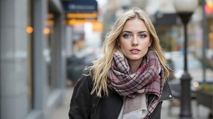 Fototapeta premium Blonde Woman Outdoors Wearing a Stylish Plaid Scarf and Black Jacketq