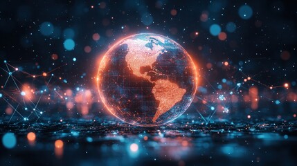Global Network Digital Earth, glowing connections, dark background, data visualization