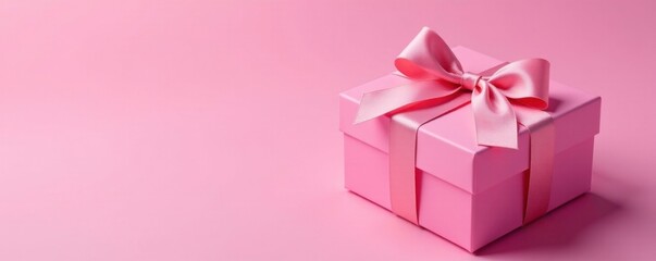 Fototapeta premium Colorful pink gift box with a delicate floral ribbon tied in a bow, , pinkgiftbox