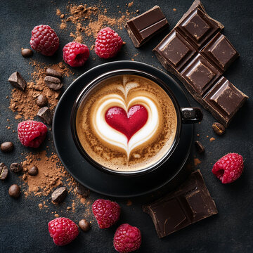 Top view of coffee cup with heart latte art surrounded by chocolate and raspberries