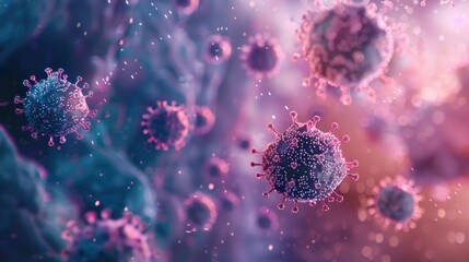 Fototapeta premium Virus flu outbreak, banner illustration, microscopic view of floating influenza virus cells in blue and dark blue