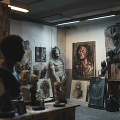 The dimly lit room is adorned with various expressive sculptures and art pieces, capturing the essence of artistic creativity within a modern gallery space.