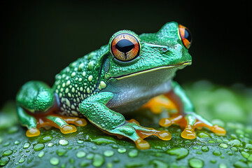Fototapeta premium Vibrant Green Frog with Orange Toes on Dewy Leaf
