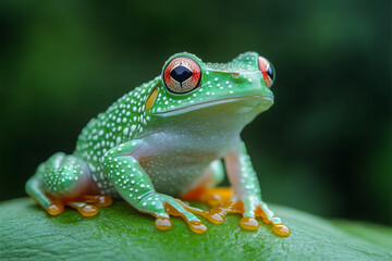 A Vibrant Green Frog With White Spots Poses On A Leaf