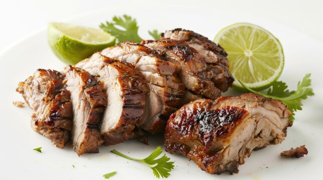 Cuban food roasted pork on white background, close up