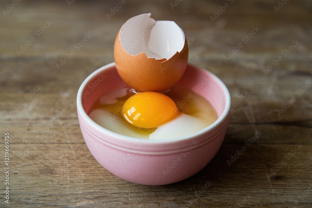 Poster a cracked eggshell sits atop a pink bowl containing separated egg yolks and whites.