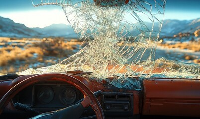 Shattered windshield, wrecked car, desert landscape.