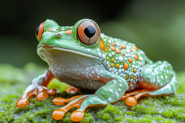 Vibrant Green Frog With Orange Toes Sitting On Moss