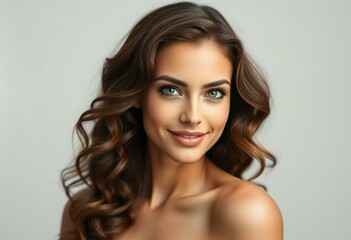 Glamorous woman with curly brown hair and green eyes