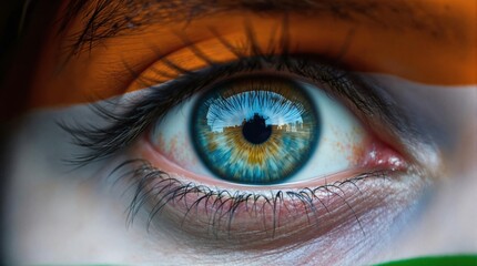 Obraz premium Close-Up of a Reflective Blue Eye Highlighting Urban Silhouette