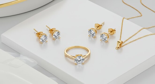 A flat-lay photograph of a matching gold jewelry set including a solitaire diamond ring, earrings and a pendant necklace, arranged on a sleek white surface