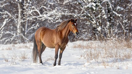 Majestic Brown Horse Standing in a Snowy Winter Forest Scene