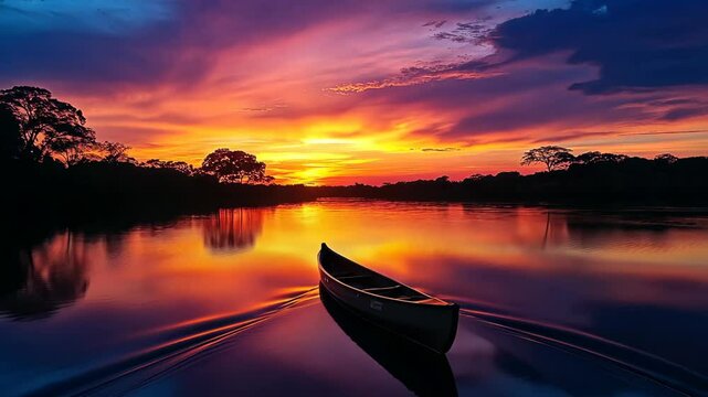 Tranquil canoe journey on vibrant sunset river with reflections and silhouettes