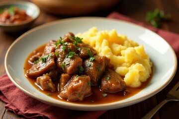 Colorful plate of stewed meat and mashed potatoes, golden brown, comforting, homely