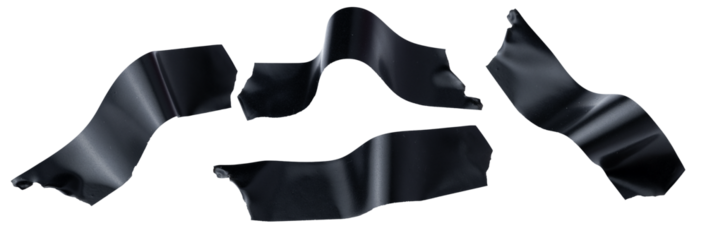 A torn piece of black tape with a wrinkled texture is isolated on a transparent background. The tape appears glossy, flexible, and slightly curled at the edges.

