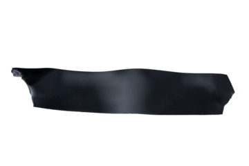 A torn piece of black tape with a wrinkled texture is isolated on a transparent background. The tape appears glossy, flexible, and slightly curled at the edges.

