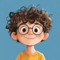 A cute animated boy with large round glasses smiles warmly, featuring curly hair and freckles, embodying childlike innocence and playfulness in cartoon form.
