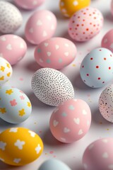 A collection of colorful Easter eggs with various patterns, including polka dots, hearts, and flowers, scattered on a light background