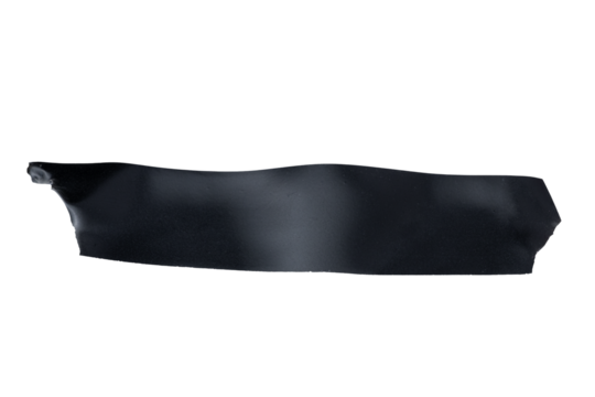 A torn piece of black tape with a wrinkled texture is isolated on a transparent background. The tape appears glossy, flexible, and slightly curled at the edges.

