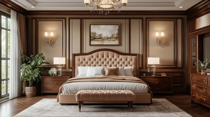 Elegant master bedroom, classic design, wood paneling, calm background, interior design