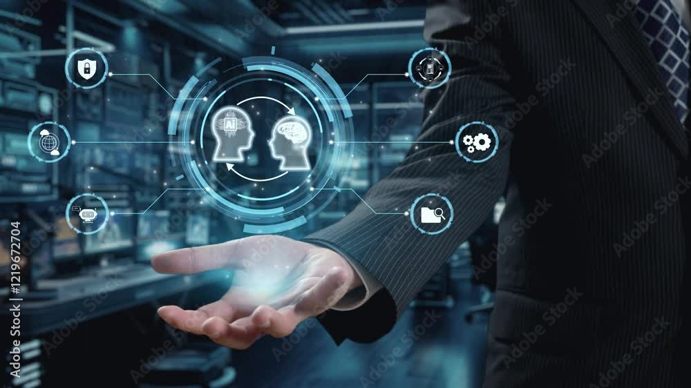 Poster human interact with ai artificial intelligence brain processor in concept of ai artificial intellige