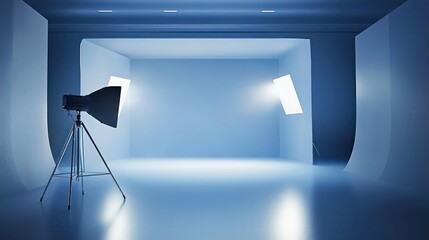 A professional photography studio setup with two large spotlights illuminating an empty blue room, creating a cinematic and futuristic atmosphere.