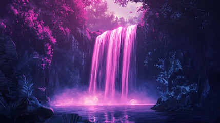 Symmetrical neon waterfall in deep forest with ethereal colors. Waterfall Cascade. Illustration