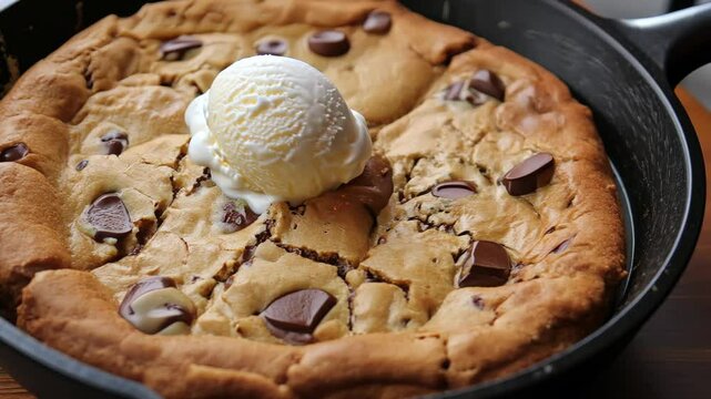 Warm chocolate chip skillet cookie with melting vanilla ice cream dessert