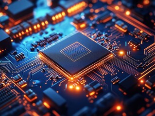 Close-up view of advanced tech chip on circuit board. High-tech design. Modern innovations in hardware, software visible. Bright orange lights highlight intricate components, circuit patterns.