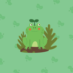 A delightful illustration of a cute green frog sitting on a patch of grass with leafy plants in the background. The frog is smiling with rosy cheeks