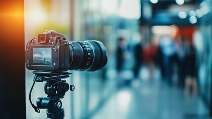 Professional DSLR camera on a tripod in a busy indoor setting, capturing candid moments with blurred figures in the background.