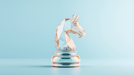 Contemporary glass chess knight on minimalist blue background geometric design, transparency, strategic symbolism, modern aesthetic, elegant business concept