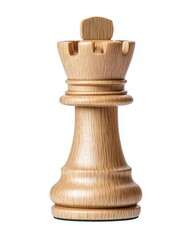 Wooden chess rook piece on white background highlighting classic game strategy and timeless elegance in traditional board gaming design concepts