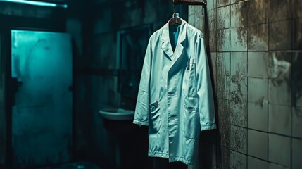 Naklejka premium Lab coat hanging in old bathroom